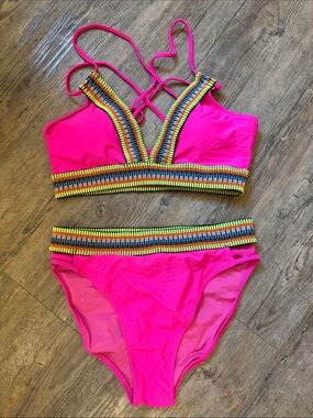 Bright Pink Crochet-Trim Strappy Bikini Set